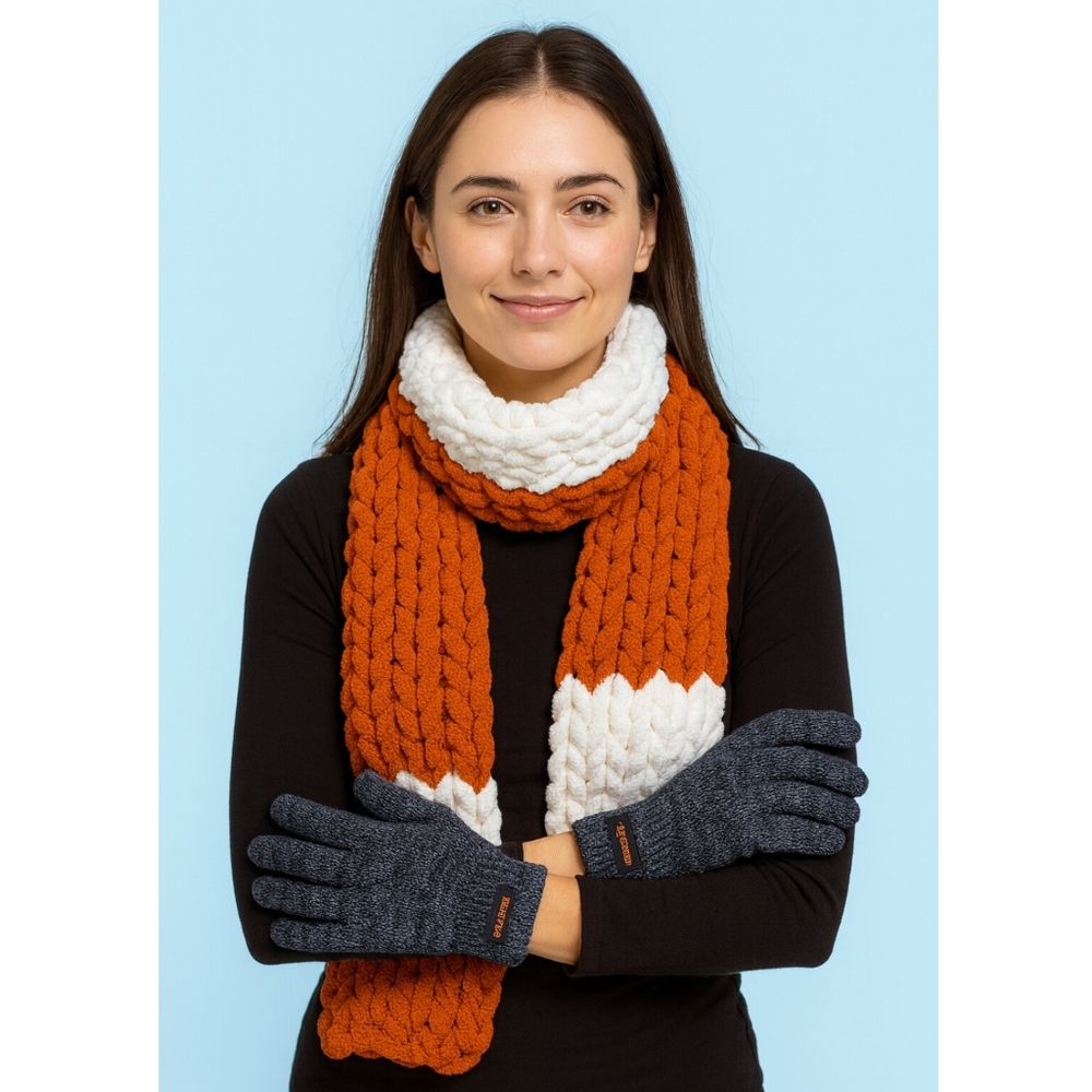 Homemade Orange and White Knit Scarf Paired With Realtree Gray Gloves